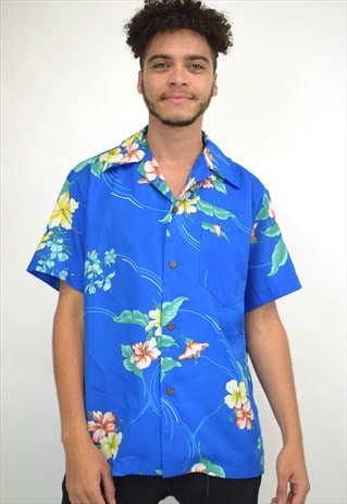 VINTAGE 90S BLUE YELLOW HAWAIIAN PRINT SHIRT