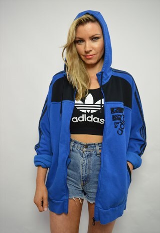 VINTAGE 90S ADIDAS OVERSIZED BLUE & BLACK HOODED SWEATSHIRT