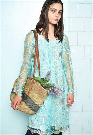 VINTAGE 90S EMBROIDERED INDIAN SARI BLOUSE TOP TUNIC BLUE