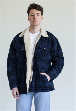 Vintage 90s Faux Fur Collar Checkered Lumberman Jacket L