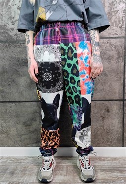 Dog print joggers handmade leopard pants tartan overalls