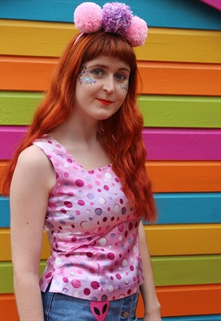 VINTAGE 80S PINK PURPLE POLKA DOT GLOSSY FESTIVAL TOP