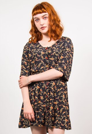 VINTAGE 90'S DARK FLORAL PATTERN AUTUMNAL DRESS