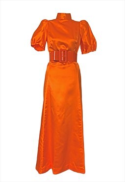 70s Vintage Orange Satin Short Sleeved fitted Maxi Dress 10