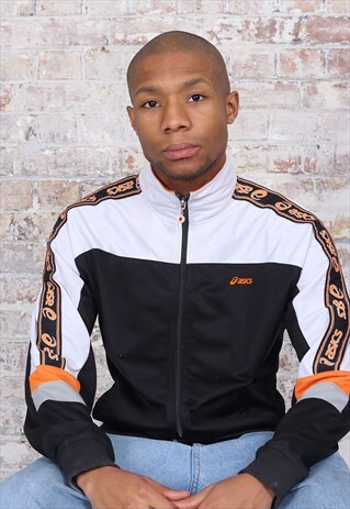 VINTAGE ASICS TAPE LOGO TRACK JACKET BLACK WHITE ORANGE