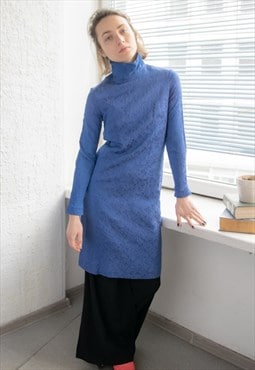 Vintage 60's Rare Blue Midi Long Sleeved Jacquard Dress