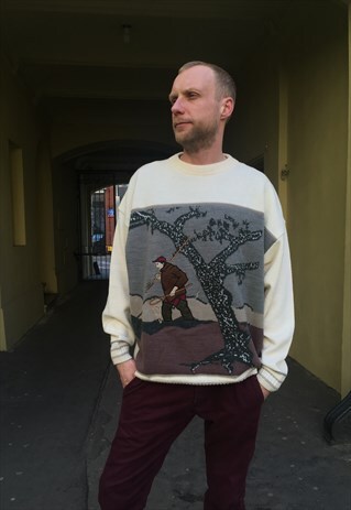 VINTAGE 90' UNIQUE BOHO WOOL CREAM UNISEX EMBRODIERY JUMPER