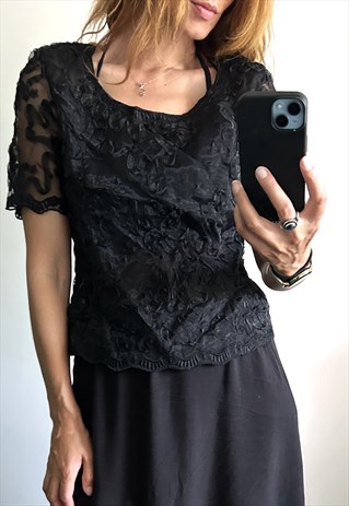 VINTAGE BLACK EVENING EMBROIDERED TOP / BLOUSE - M