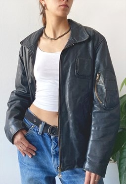 Vintage 00's Y2K Black Oversize Genuine Leather Zip Jacket