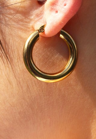GOLD CHUNKY HOOPS EARRINGS SOLID GOLD PLATED 30MM