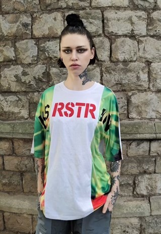 TROPICAL T-SHIRT TIE DYE ACID FLUORESCENT TEE Y2K TOP GREEN