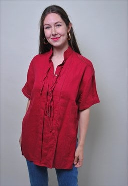 Vintage red button up, women 90s cotton ruffle tie shirt 