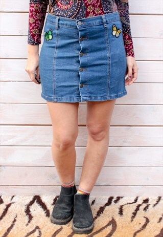 VINTAGE 90'S BUTTERFLY PATCH DENIM MINI SKIRT