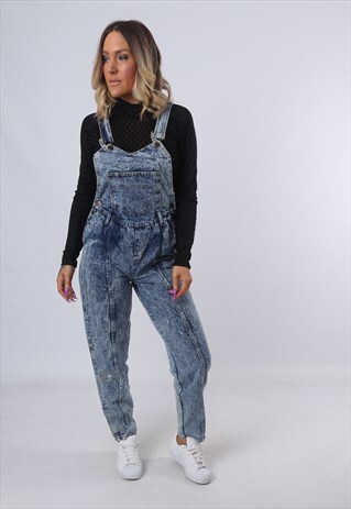 DENIM DUNGAREES ACID WASH TAPERED LEG UK 8 (DK4E)