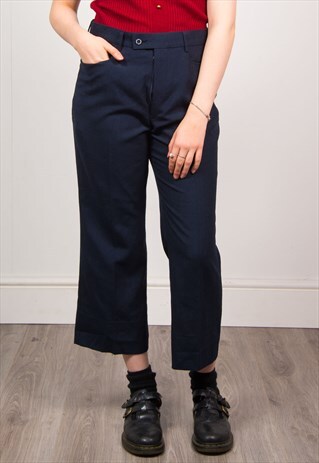 VINTAGE 90'S NAVY BLUE SMART HIGH WAIST CROPPED LEG TROUSERS