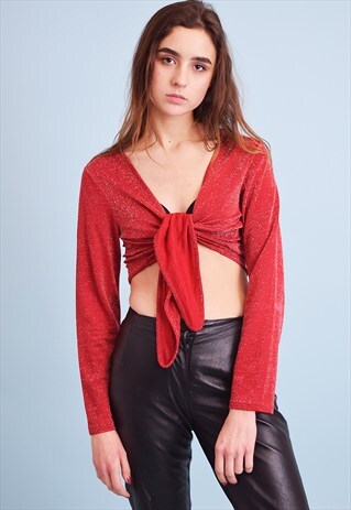 90'S RETRO TEEN KITSCH KNIT SHIMMER TIE UP TOP
