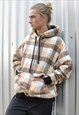 CHECK FLEECE HOODIE FLUFFY TARTAN PULLOVER IN CREAM BROWN