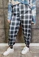 TARTAN PRINT JOGGERS CHECK PANTS CHESS PUNK OVERALLS IN BLUE