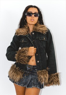 Vintage 00s Faux Fur Trimmed shearling coat denim jacket
