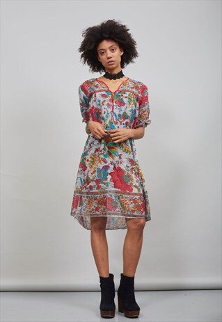 70'S MULTI-COLOURED FLORAL RAINBOW STRIPED INDIAN BOHO DRESS