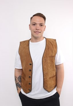 80s heritage leather vest in brown, vintage button detail 