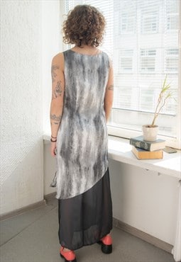 Vintage 80's Grey Abstract Print Double Layer Midi Dress