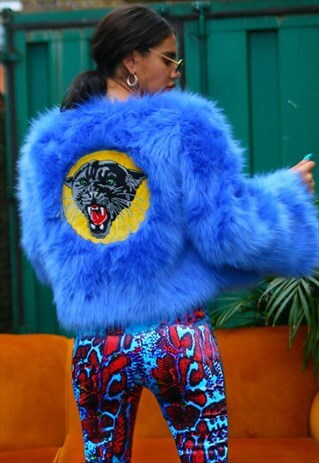 POWDER BLUE FAUX FUR BOMBER JACKET WITH PANTHER PATCH