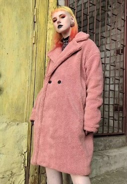 Pastel fleece trench jacket in pink fake fur coat fluffy mac