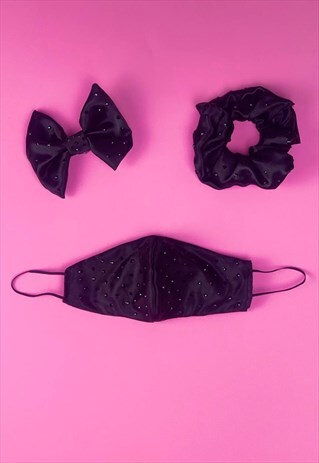 BLACK SATIN GEM FACE COVERING SET WITH SCRUNCHIE OR HAIR BOW