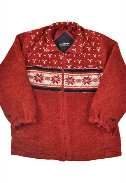 Vintage Fleece Jacket Retro Snowflake Print Red Large