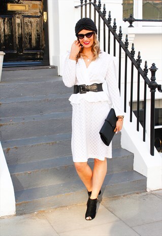 VINTAGE 80'S WHITE SILVER STRIPE CROSSOVER PEPLUM TEA DRESS