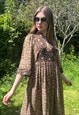 70'S VINTAGE FOLK SMOCK BROWN FLORAL 3/4 LENGTH MIDI DRESS