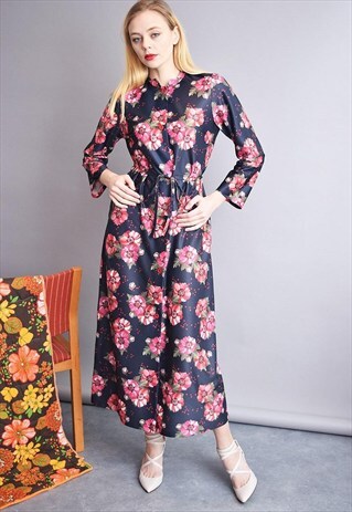 VINTAGE 70'S RETRO FLORAL PATTERN BLACK MAXI ELEGANT DRESS