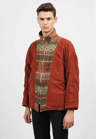 VINTAGE BROWN AZTEC ZIP FLEECE REVERSIBLE JACKET