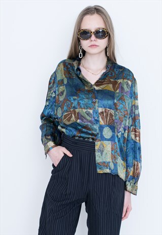VINTAGE BLUE CHECKED PATTERN PRINT LONG SLEEVE RETRO SHIRT