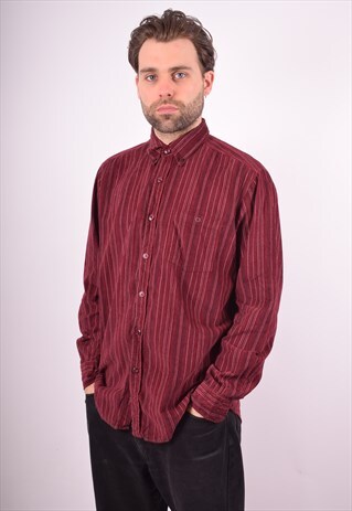 MENS VINTAGE CORDUROY SHIRT MEDIUM MAROON STRIPES 90S