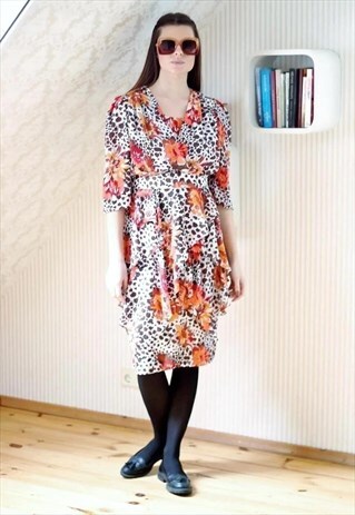 ORANGE AND BROWN ANIMAL PRINT FLORAL FRILL BELTED DRESS