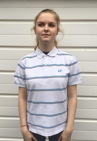 WOMENS VINTAGE 90S FRED PERRY TOP WHITE STRIPY POLO SHIRT