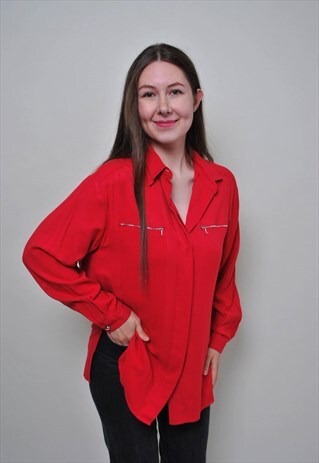 Y2K FASHION RED BLOUSE, 00S RELAXED BUTTON UP SHIRT