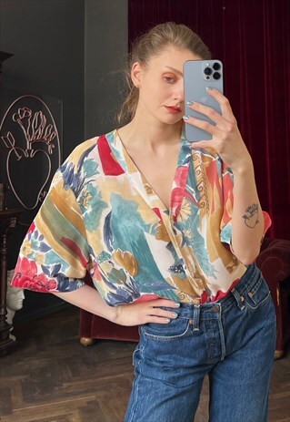 ABSTRACT SHIRT, BUTTON UP COLORFUL SHORT SLEEVE BLOUSE
