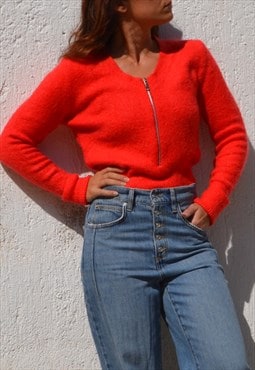 Vintage red soft cozy half zip wool blend knit sweater