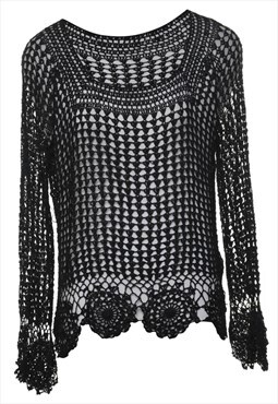 Vintage Black Crochet Fine Knit Jumper - L
