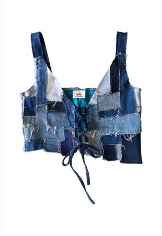 UPCYCLED DENIM LACE UP TOP - BLUE
