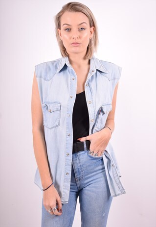 WOMENS VINTAGE DENIM SHIRT SLEEVELESS LARGE BLUE 90'S