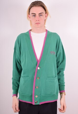 HUGO BOSS MENS VINTAGE CARDIGAN SWEATER MEDIUM GREEN 90S