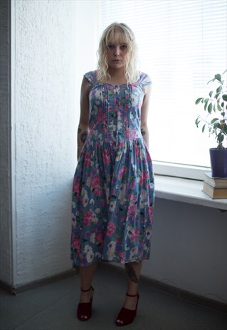 VINTAGE 90'S MULTI COLOUR FLOWER PATTERNED MIDI DRESS