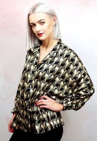 1980S VINTAGE GOLD AND BLACK OVERSIZED SILKY BUTTON UP BLOUS
