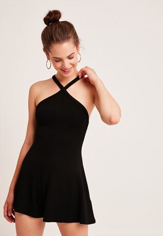 SUBDUED BLACK CRISS-CROSS SLEEVELESS PLAYSUIT