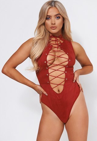 TITO WINE SUEDE LACE UP BODYSUIT