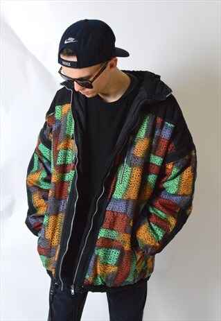 VINTAGE 90S ABSTRACT DROP SHOULDER NYLON JACKET WITH HOOD